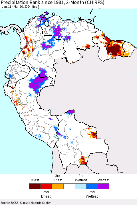 Northern South America Precipitation Rank since 1981, 2-Month (CHIRPS) Thematic Map For 1/11/2024 - 3/10/2024