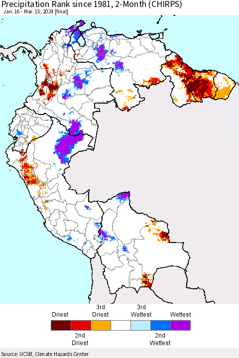 Northern South America Precipitation Rank since 1981, 2-Month (CHIRPS) Thematic Map For 1/16/2024 - 3/15/2024