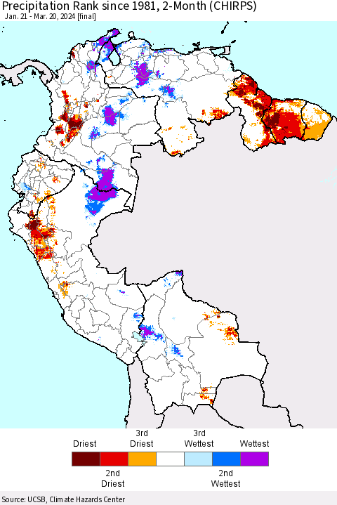 Northern South America Precipitation Rank since 1981, 2-Month (CHIRPS) Thematic Map For 1/21/2024 - 3/20/2024