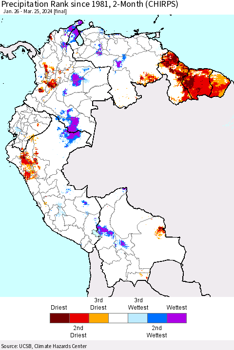 Northern South America Precipitation Rank since 1981, 2-Month (CHIRPS) Thematic Map For 1/26/2024 - 3/25/2024