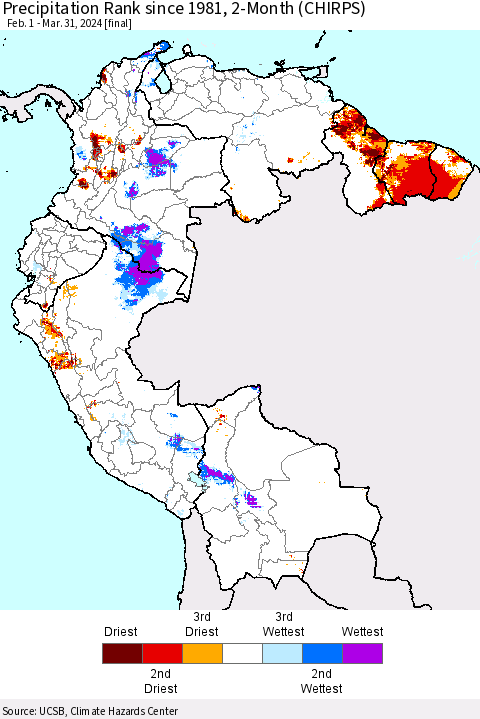 Northern South America Precipitation Rank since 1981, 2-Month (CHIRPS) Thematic Map For 2/1/2024 - 3/31/2024