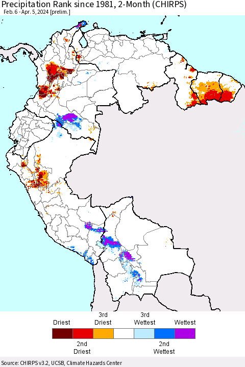 Northern South America Precipitation Rank since 1981, 2-Month (CHIRPS) Thematic Map For 2/6/2024 - 4/5/2024