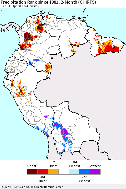 Northern South America Precipitation Rank since 1981, 2-Month (CHIRPS) Thematic Map For 2/11/2024 - 4/10/2024