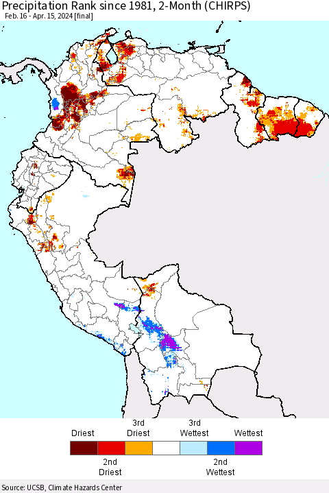 Northern South America Precipitation Rank since 1981, 2-Month (CHIRPS) Thematic Map For 2/16/2024 - 4/15/2024