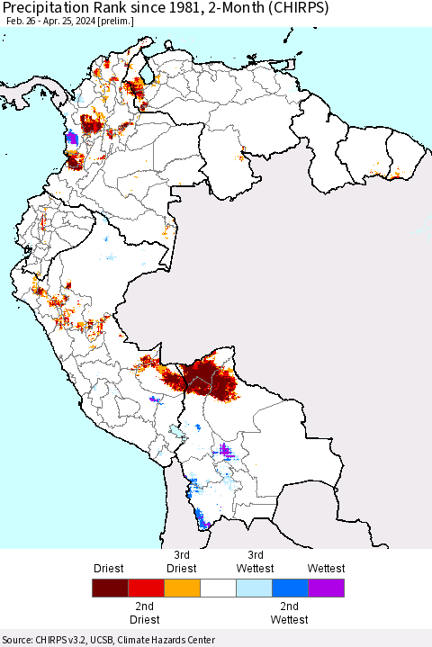 Northern South America Precipitation Rank since 1981, 2-Month (CHIRPS) Thematic Map For 2/26/2024 - 4/25/2024