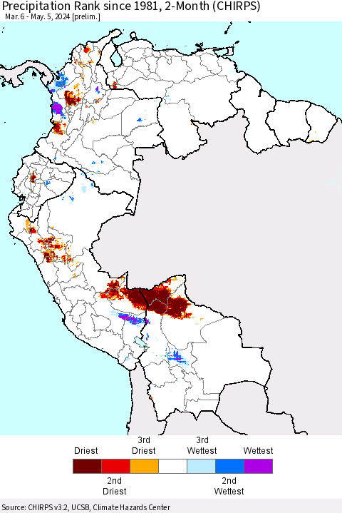 Northern South America Precipitation Rank since 1981, 2-Month (CHIRPS) Thematic Map For 3/6/2024 - 5/5/2024