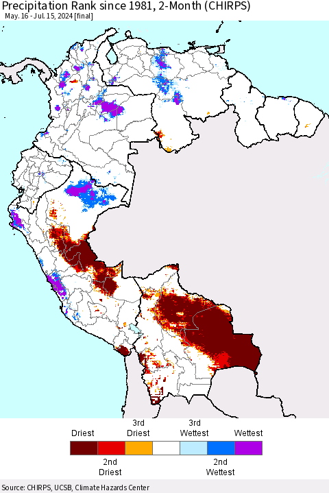 Northern South America Precipitation Rank since 1981, 2-Month (CHIRPS) Thematic Map For 5/16/2024 - 7/15/2024