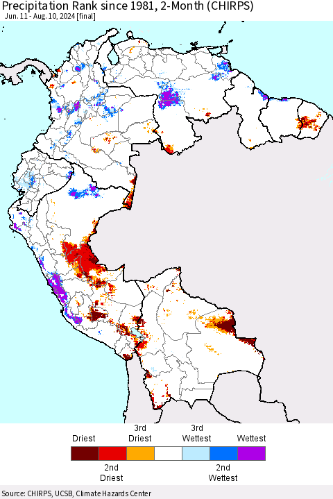 Northern South America Precipitation Rank since 1981, 2-Month (CHIRPS) Thematic Map For 6/11/2024 - 8/10/2024