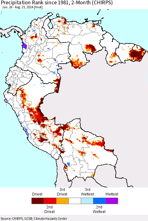 Northern South America Precipitation Rank since 1981, 2-Month (CHIRPS) Thematic Map For 6/26/2024 - 8/25/2024