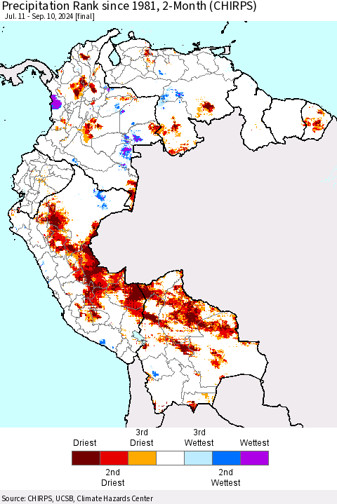 Northern South America Precipitation Rank since 1981, 2-Month (CHIRPS) Thematic Map For 7/11/2024 - 9/10/2024
