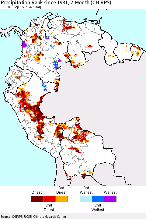 Northern South America Precipitation Rank since 1981, 2-Month (CHIRPS) Thematic Map For 7/16/2024 - 9/15/2024