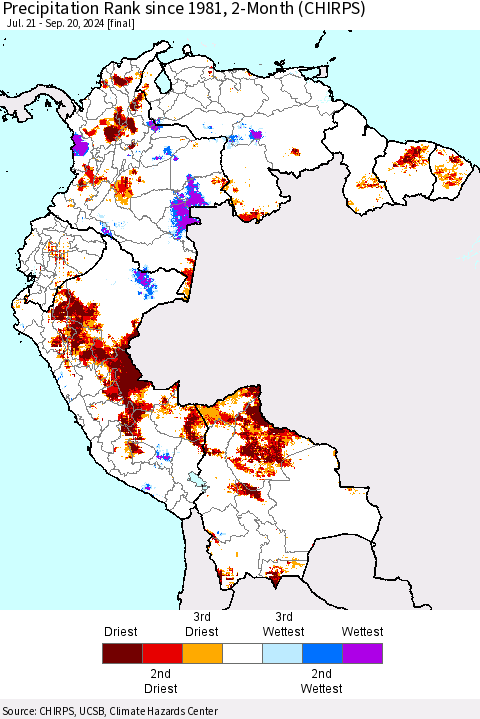 Northern South America Precipitation Rank since 1981, 2-Month (CHIRPS) Thematic Map For 7/21/2024 - 9/20/2024