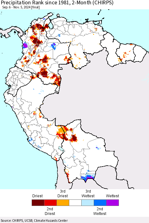 Northern South America Precipitation Rank since 1981, 2-Month (CHIRPS) Thematic Map For 9/6/2024 - 11/5/2024