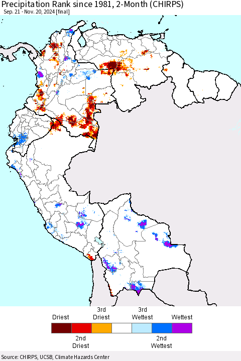 Northern South America Precipitation Rank since 1981, 2-Month (CHIRPS) Thematic Map For 9/21/2024 - 11/20/2024