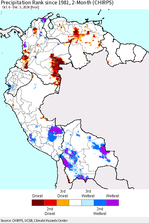 Northern South America Precipitation Rank since 1981, 2-Month (CHIRPS) Thematic Map For 10/6/2024 - 12/5/2024