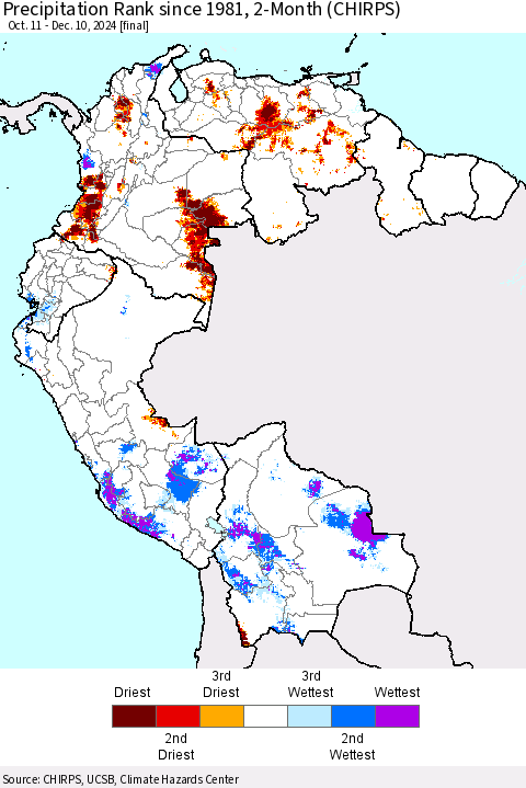Northern South America Precipitation Rank since 1981, 2-Month (CHIRPS) Thematic Map For 10/11/2024 - 12/10/2024
