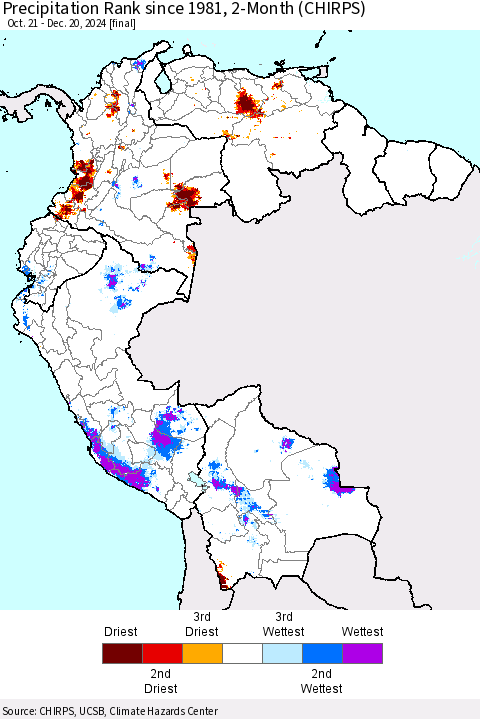 Northern South America Precipitation Rank since 1981, 2-Month (CHIRPS) Thematic Map For 10/21/2024 - 12/20/2024