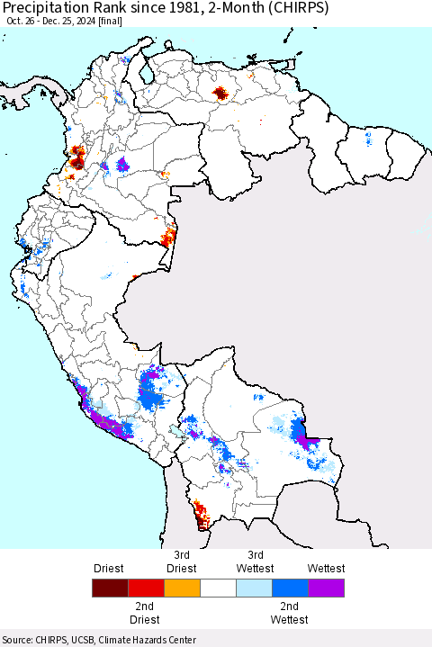 Northern South America Precipitation Rank since 1981, 2-Month (CHIRPS) Thematic Map For 10/26/2024 - 12/25/2024