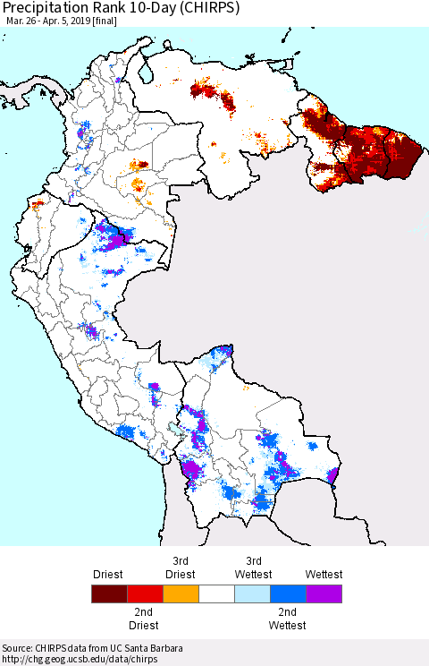 Northern South America Precipitation Rank since 1981, 10-Day (CHIRPS) Thematic Map For 3/26/2019 - 4/5/2019