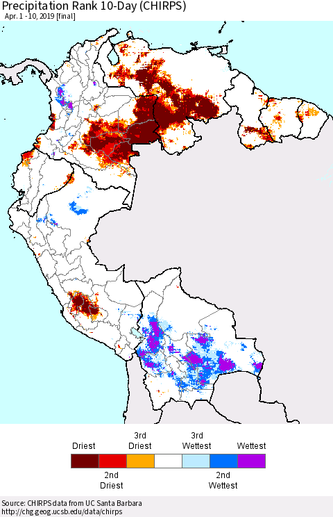 Northern South America Precipitation Rank since 1981, 10-Day (CHIRPS) Thematic Map For 4/1/2019 - 4/10/2019
