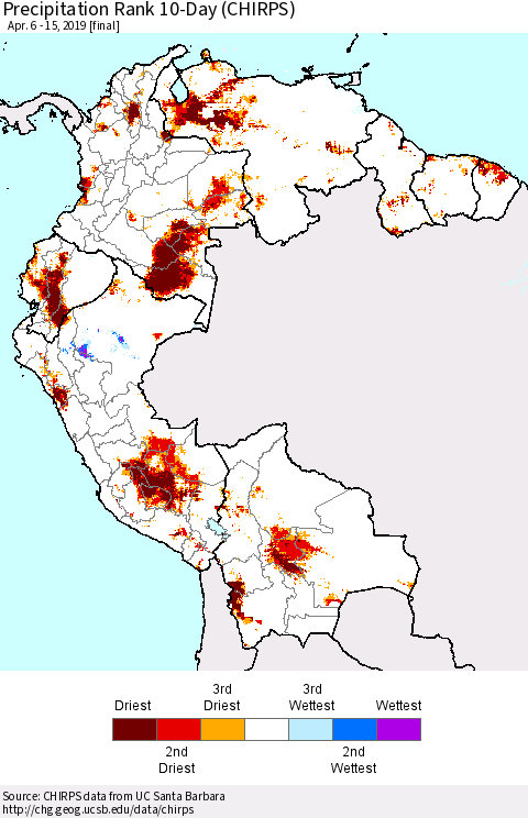 Northern South America Precipitation Rank since 1981, 10-Day (CHIRPS) Thematic Map For 4/6/2019 - 4/15/2019