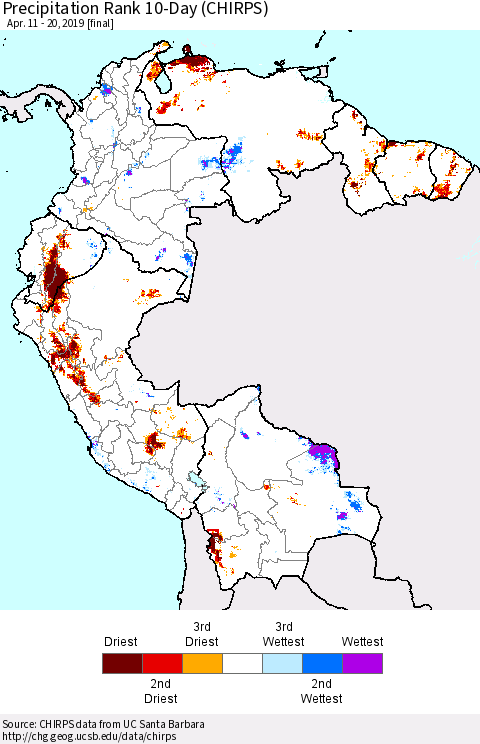 Northern South America Precipitation Rank since 1981, 10-Day (CHIRPS) Thematic Map For 4/11/2019 - 4/20/2019