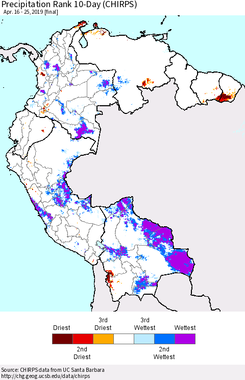 Northern South America Precipitation Rank since 1981, 10-Day (CHIRPS) Thematic Map For 4/16/2019 - 4/25/2019