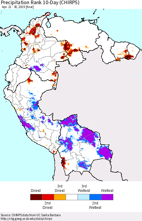Northern South America Precipitation Rank since 1981, 10-Day (CHIRPS) Thematic Map For 4/21/2019 - 4/30/2019