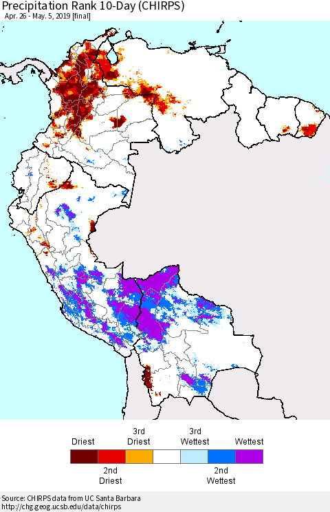 Northern South America Precipitation Rank since 1981, 10-Day (CHIRPS) Thematic Map For 4/26/2019 - 5/5/2019