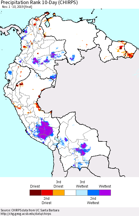 Northern South America Precipitation Rank 10-Day (CHIRPS) Thematic Map For 11/1/2019 - 11/10/2019