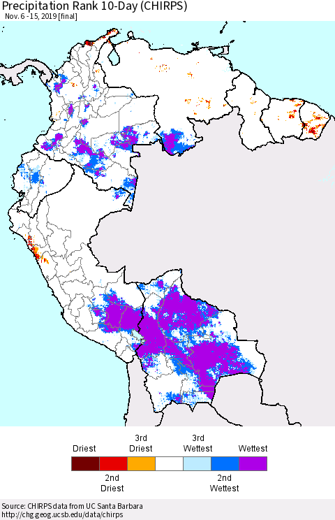 Northern South America Precipitation Rank 10-Day (CHIRPS) Thematic Map For 11/6/2019 - 11/15/2019