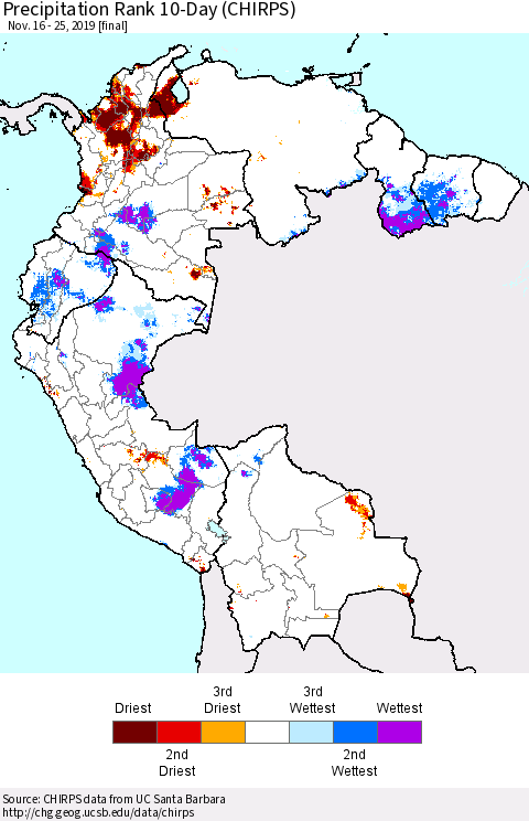 Northern South America Precipitation Rank 10-Day (CHIRPS) Thematic Map For 11/16/2019 - 11/25/2019