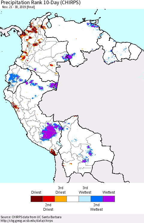 Northern South America Precipitation Rank since 1981, 10-Day (CHIRPS) Thematic Map For 11/21/2019 - 11/30/2019