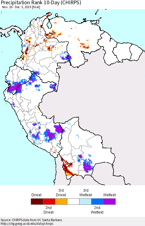 Northern South America Precipitation Rank 10-Day (CHIRPS) Thematic Map For 11/26/2019 - 12/5/2019