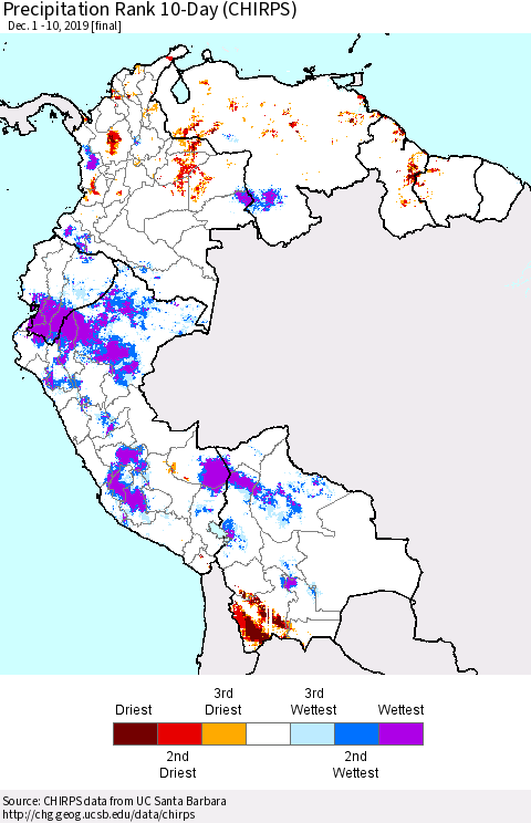 Northern South America Precipitation Rank 10-Day (CHIRPS) Thematic Map For 12/1/2019 - 12/10/2019
