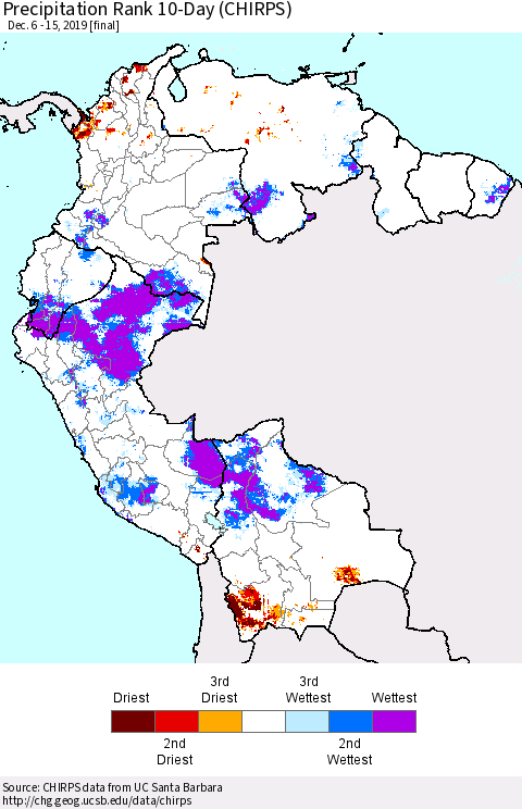 Northern South America Precipitation Rank 10-Day (CHIRPS) Thematic Map For 12/6/2019 - 12/15/2019