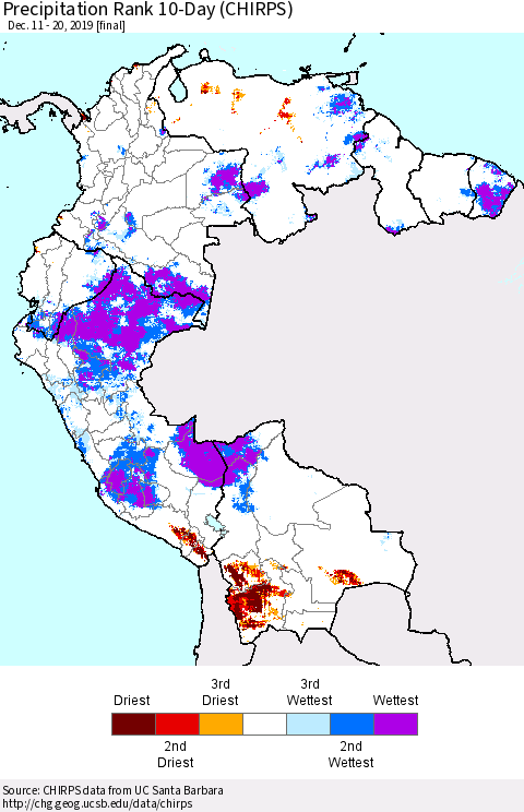 Northern South America Precipitation Rank 10-Day (CHIRPS) Thematic Map For 12/11/2019 - 12/20/2019