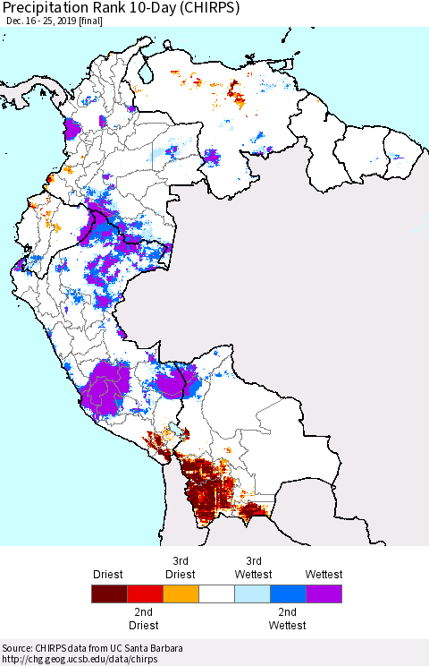 Northern South America Precipitation Rank since 1981, 10-Day (CHIRPS) Thematic Map For 12/16/2019 - 12/25/2019
