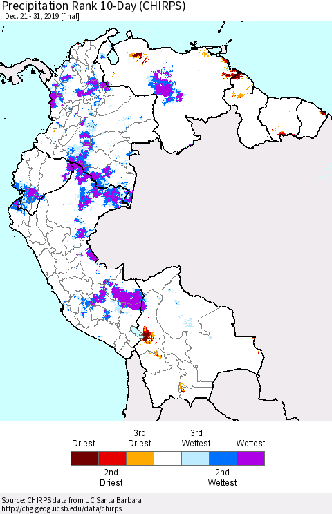Northern South America Precipitation Rank 10-Day (CHIRPS) Thematic Map For 12/21/2019 - 12/31/2019