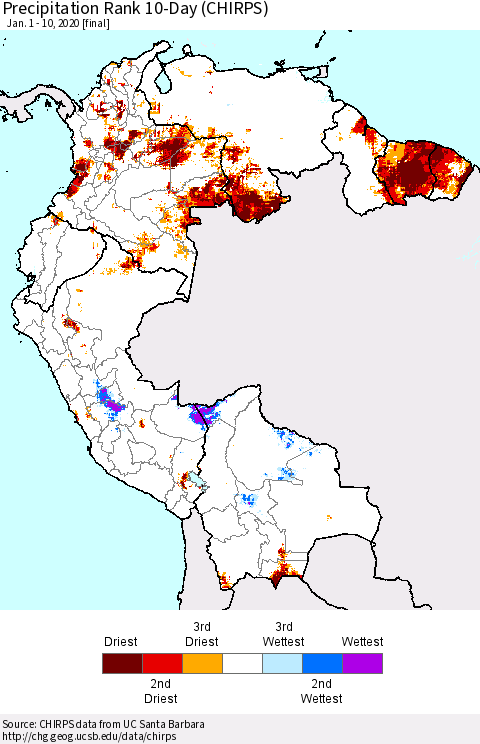Northern South America Precipitation Rank since 1981, 10-Day (CHIRPS) Thematic Map For 1/1/2020 - 1/10/2020