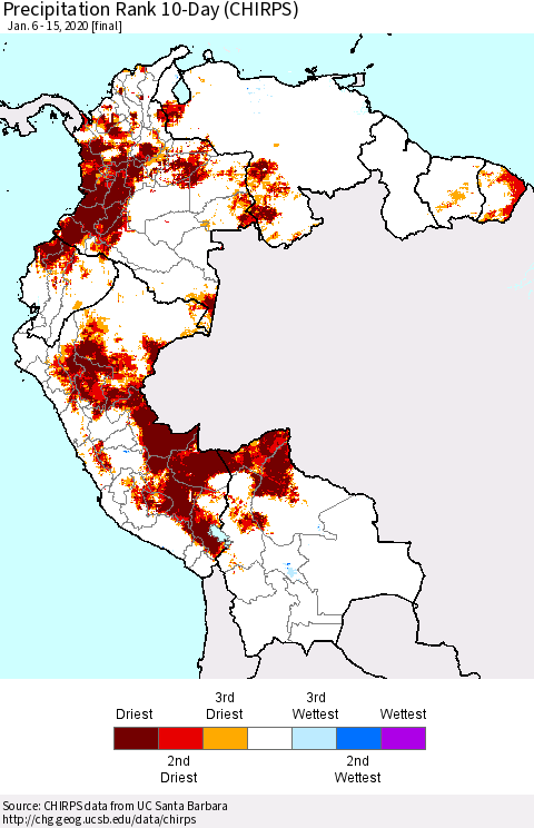 Northern South America Precipitation Rank since 1981, 10-Day (CHIRPS) Thematic Map For 1/6/2020 - 1/15/2020