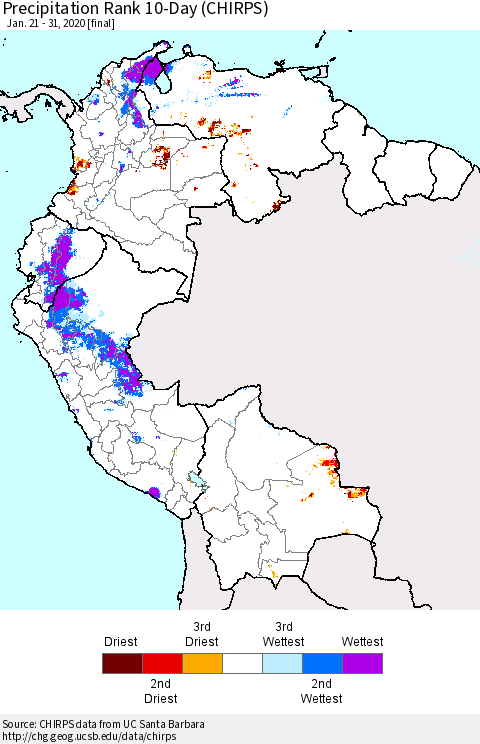 Northern South America Precipitation Rank 10-Day (CHIRPS) Thematic Map For 1/21/2020 - 1/31/2020
