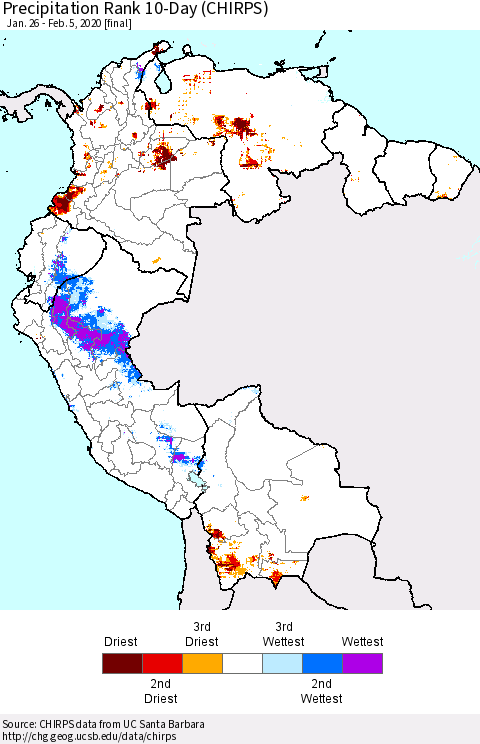 Northern South America Precipitation Rank 10-Day (CHIRPS) Thematic Map For 1/26/2020 - 2/5/2020