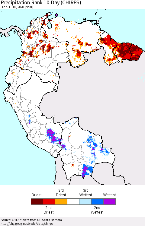 Northern South America Precipitation Rank 10-Day (CHIRPS) Thematic Map For 2/1/2020 - 2/10/2020