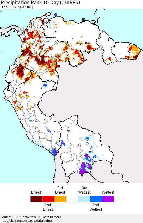 Northern South America Precipitation Rank since 1981, 10-Day (CHIRPS) Thematic Map For 2/6/2020 - 2/15/2020