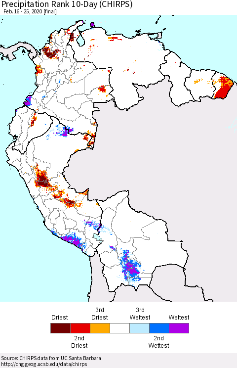 Northern South America Precipitation Rank 10-Day (CHIRPS) Thematic Map For 2/16/2020 - 2/25/2020