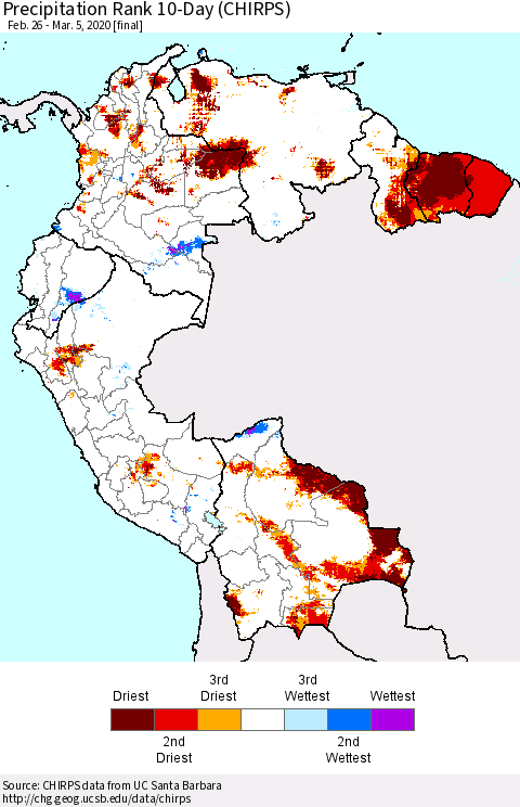 Northern South America Precipitation Rank since 1981, 10-Day (CHIRPS) Thematic Map For 2/26/2020 - 3/5/2020