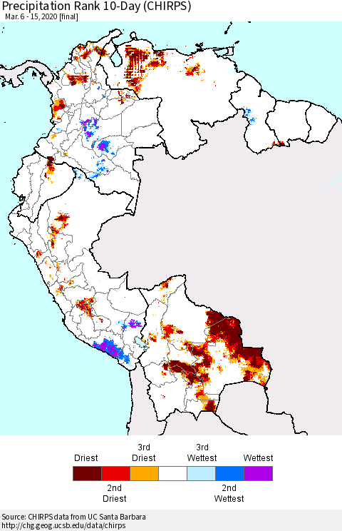 Northern South America Precipitation Rank 10-Day (CHIRPS) Thematic Map For 3/6/2020 - 3/15/2020