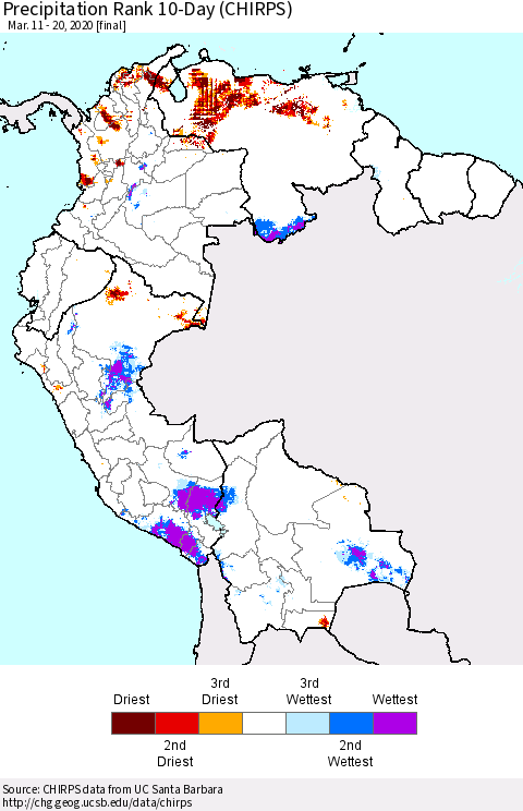 Northern South America Precipitation Rank 10-Day (CHIRPS) Thematic Map For 3/11/2020 - 3/20/2020