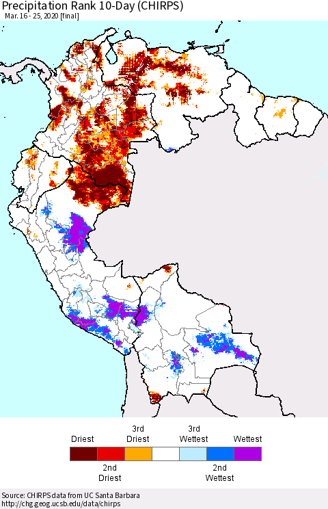 Northern South America Precipitation Rank 10-Day (CHIRPS) Thematic Map For 3/16/2020 - 3/25/2020